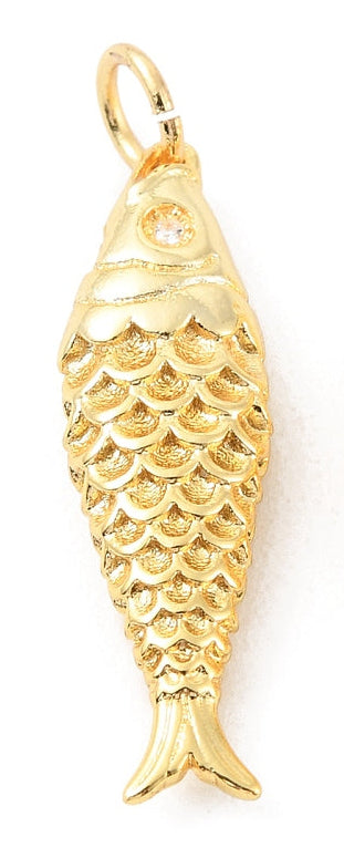 Gold-tone charm in the shape of a fish with detailed scales and a small clear stone eye.