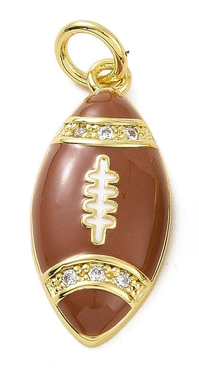 Brown enamel gold football charm featuring white laces, gold-tone borders, and small clear stones along the stripes.