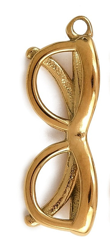 Gold glasses charm in a polished gold-tone finish with a top loop for attachment to a necklace.