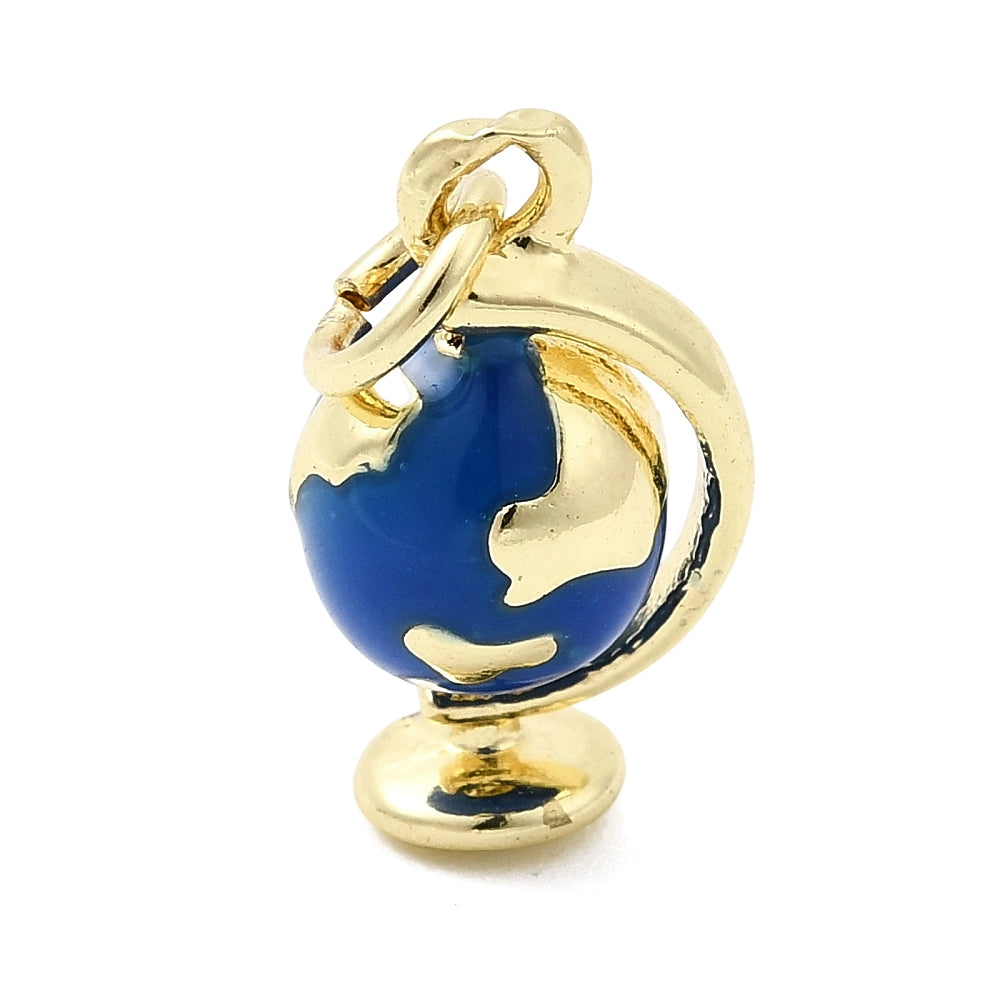 Gold globe charm with blue enamel oceans, gold-tone continents, and a miniature stand, featuring a jump ring for attachment.