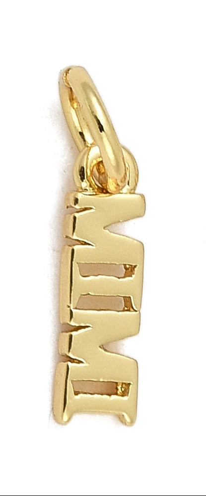 Mimi gold-tone charm spelling the name vertically in block letters, suspended from a polished jump ring.