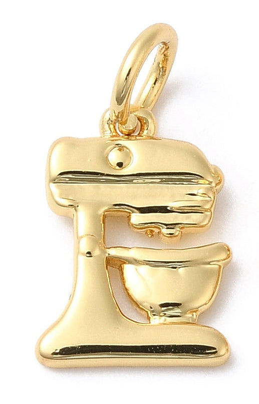 Gold kitchen mixer charm in polished gold-tone metal with a top jump ring for a custom charm necklace.