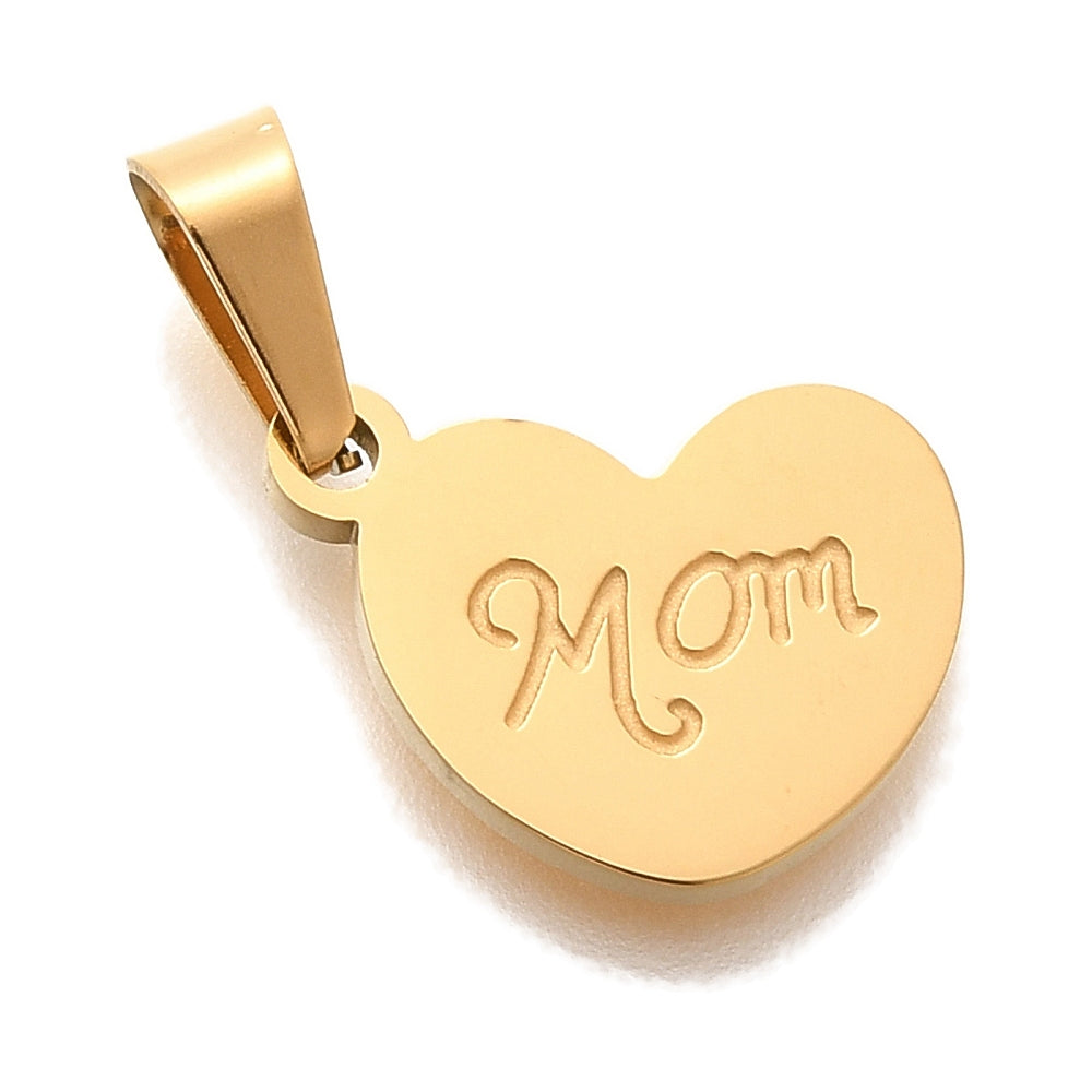 Gold-tone heart charm engraved with "Mom" in script lettering, featuring a smooth bail attachment.