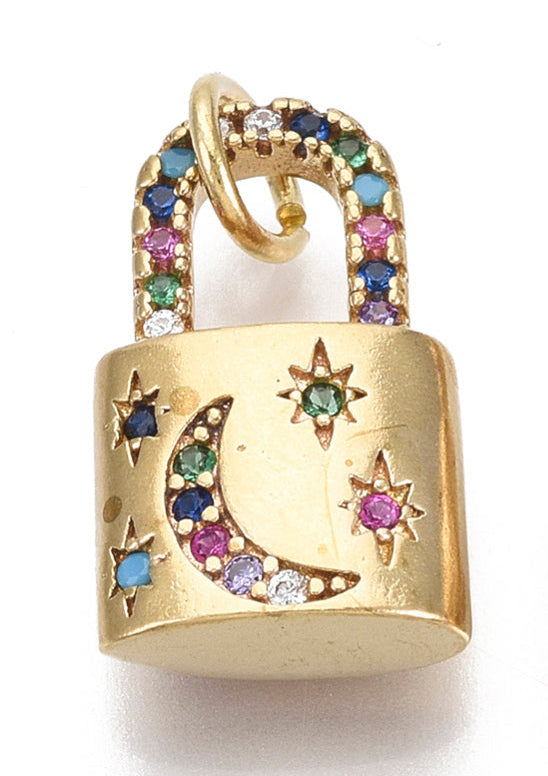 Gold moon lock charm in a padlock shape, embellished with multi-colored stones on the shackle, crescent moon, and stars.