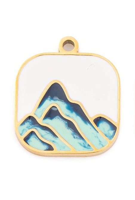 Square gold-tone charm featuring a blue, turquoise, and white enameled mountain design with a top loop.