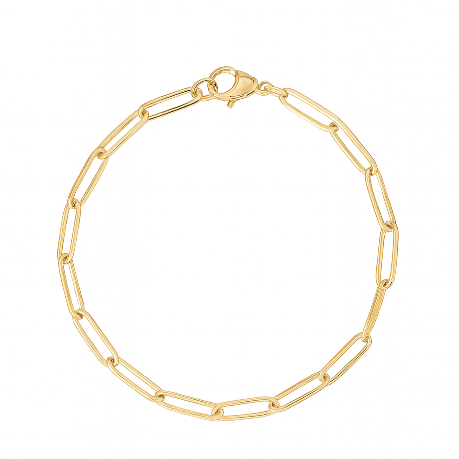 Gold paperclip bracelet with elongated rectangular links and a secure lobster clasp closure, arranged in a circle.