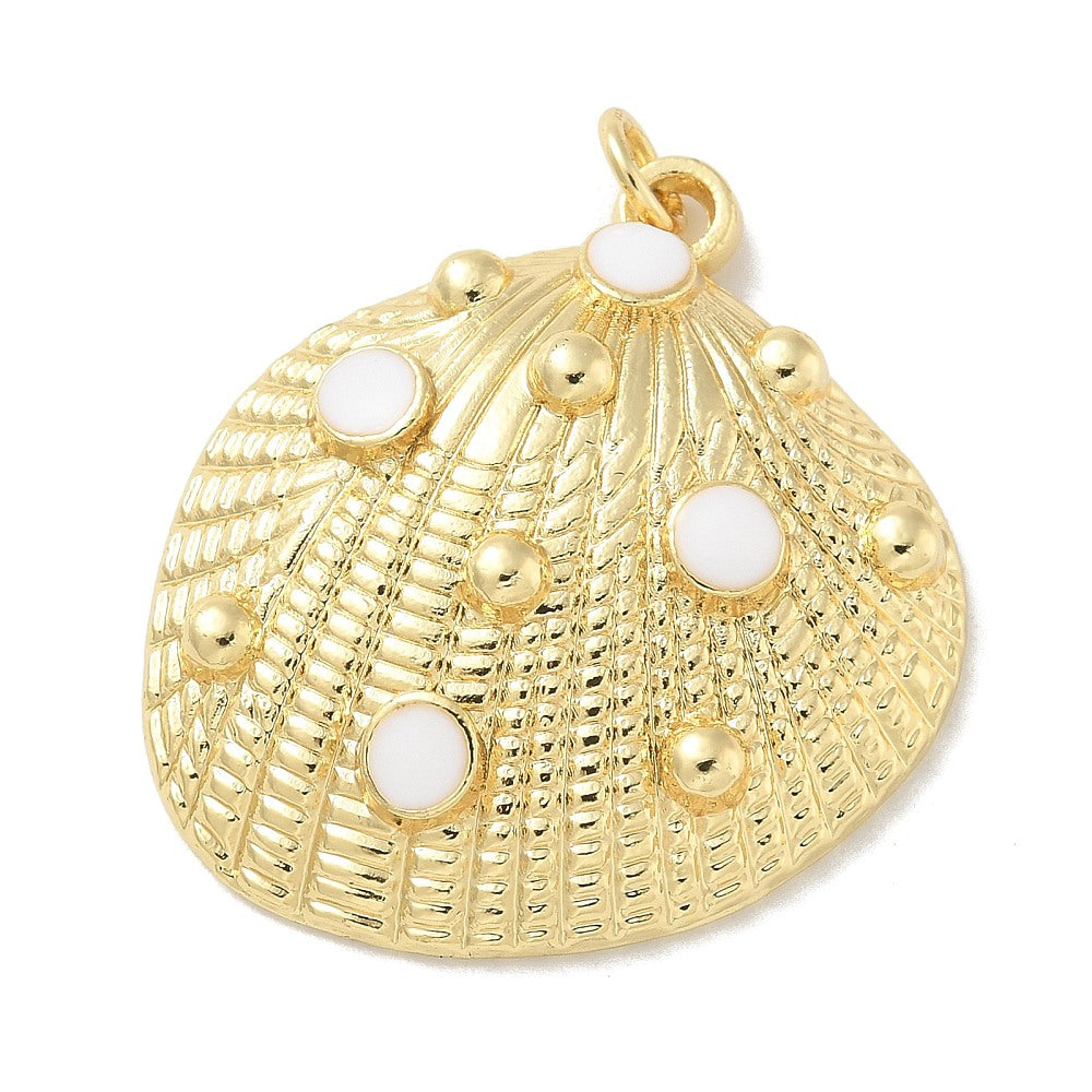 Textured gold pearl seashell charm featuring a ribbed surface decorated with round white inlays and small gold-tone beads.