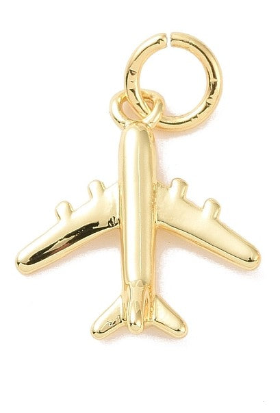 Gold-tone charm in the shape of a miniature airplane with a polished finish and an attached jump ring.