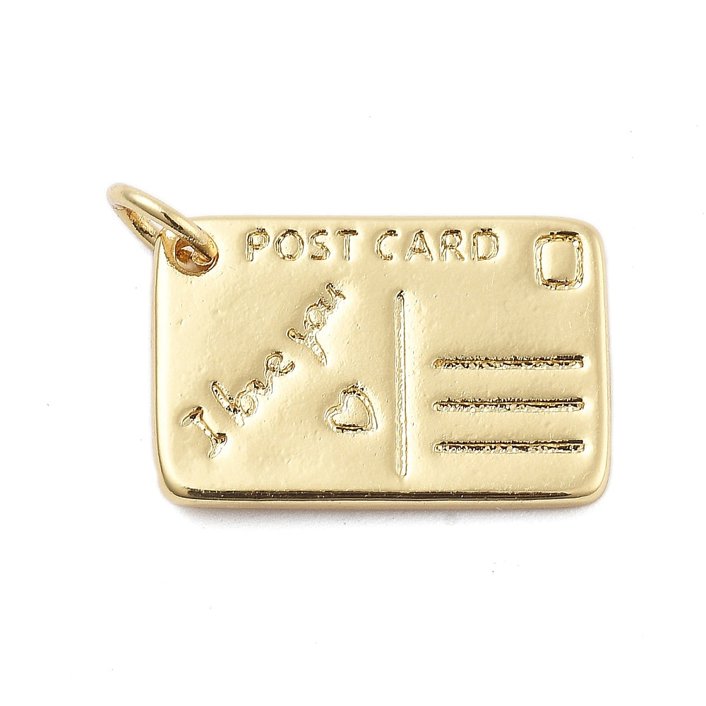 Rectangular gold post card charm featuring embossed 'POST CARD' text, 'I love you' script, a small heart, and address lines.