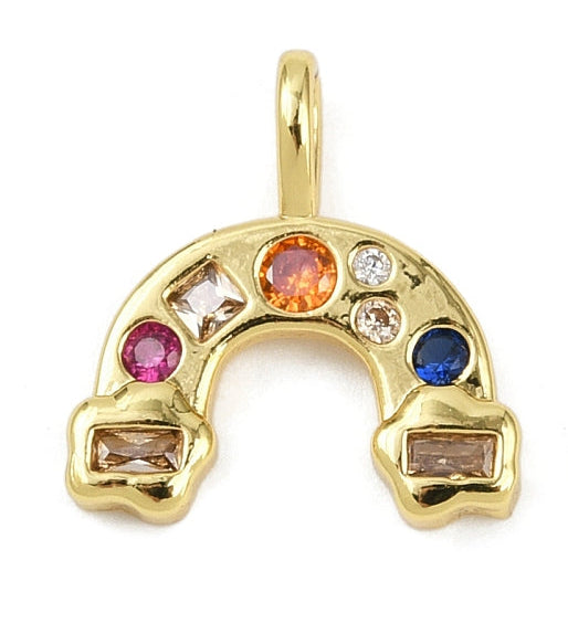 Gold-tone rainbow charm adorned with colorful round, square, and baguette stones, featuring a top bail loop.