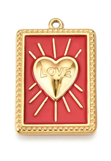 Rectangular gold-tone Red Love Card charm featuring red enamel, a textured border, and a raised heart embossed with 'LOVE'.