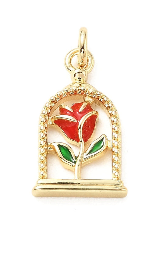 Gold-tone charm featuring a red and green enamel rose inside a beaded cloche dome frame.