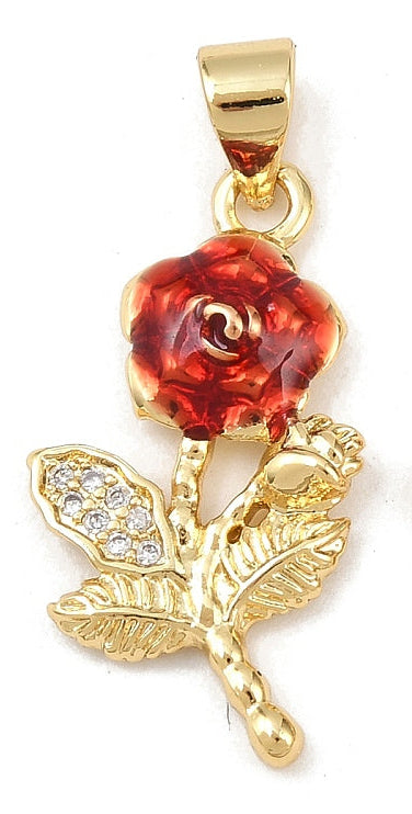 Gold single rose charm featuring a red enamel bloom, gold-tone stem and textured leaves, and clear stones on one leaf.