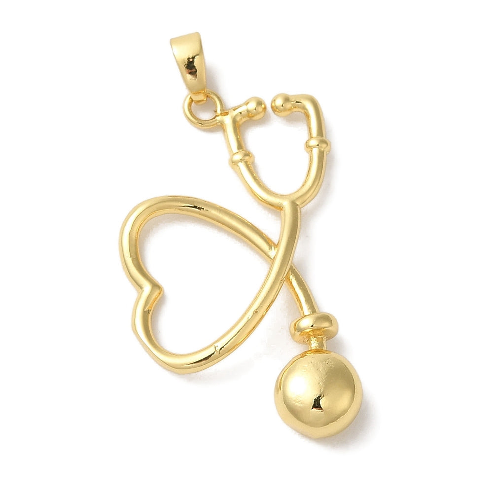 Gold-tone charm in the shape of a stethoscope with heart-shaped tubing and a top bail attachment.
