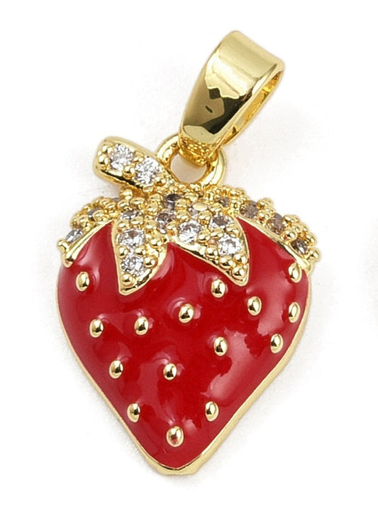 Red enamel gold strawberry charm featuring gold-tone seeds, rhinestone-embellished leaves, and a polished bail.