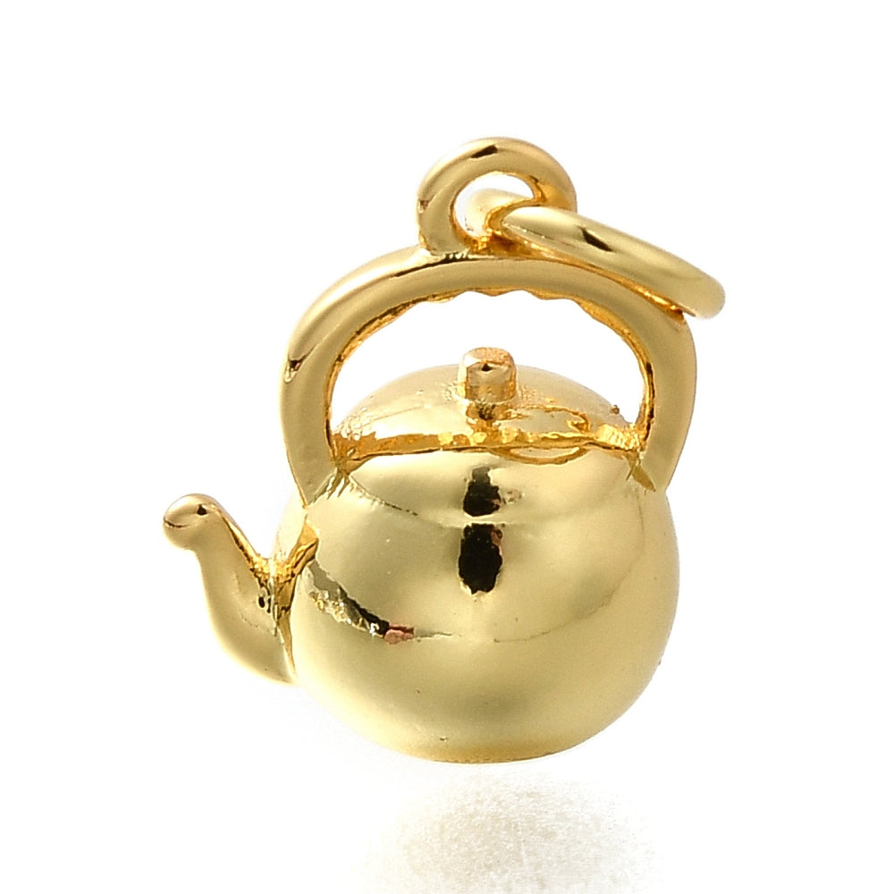 A shiny gold tea kettle charm featuring a miniature spout, lid, curved top handle, and jump ring.