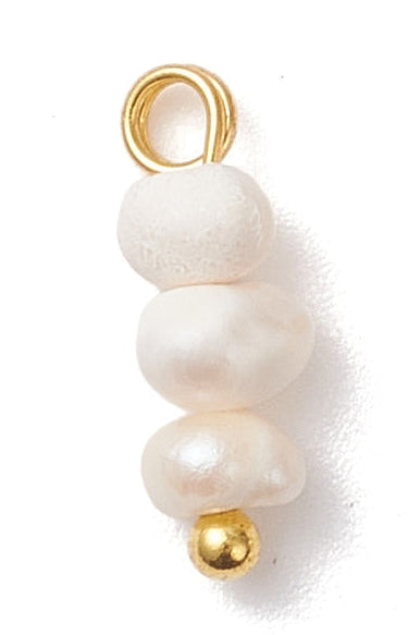 A gold-tone charm featuring three stacked white baroque pearls, finished with a small gold bead and top loop.