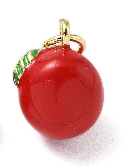 Glossy red enamel tomato gold-tone charm featuring a green leaf detail and a top jump ring.