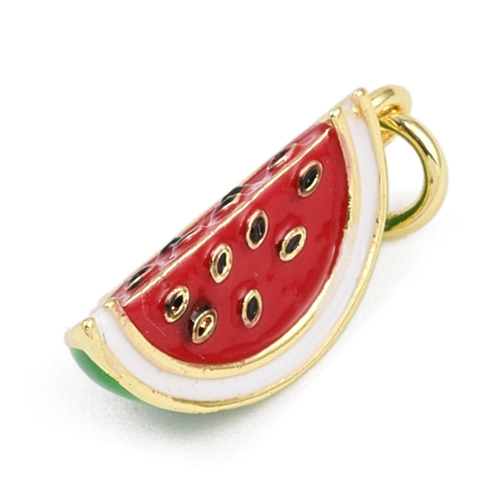 Gold-tone charm shaped like a watermelon slice, featuring red, white, and green enamel details with black seeds.