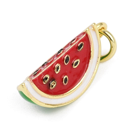 Gold-tone charm shaped like a watermelon slice, featuring red, white, and green enamel details with black seeds.