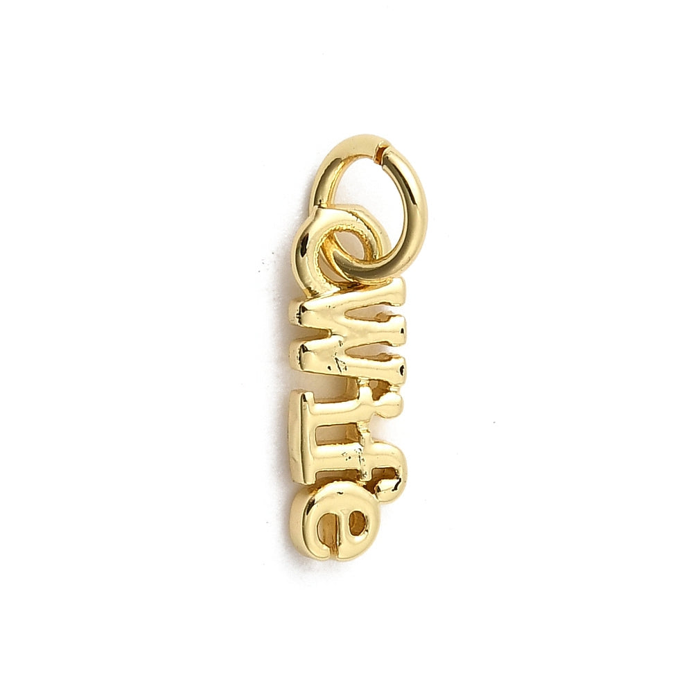 Gold-tone charm spelling 'wife' vertically, featuring a polished finish and an attached jump ring.