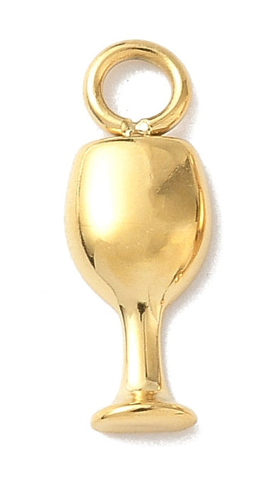 A polished gold-tone charm shaped like a gold wine glass with a round attachment loop at the top.