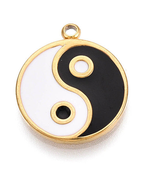 Circular gold-tone charm featuring a classic black and white enamel yin yang symbol with a top attachment loop.
