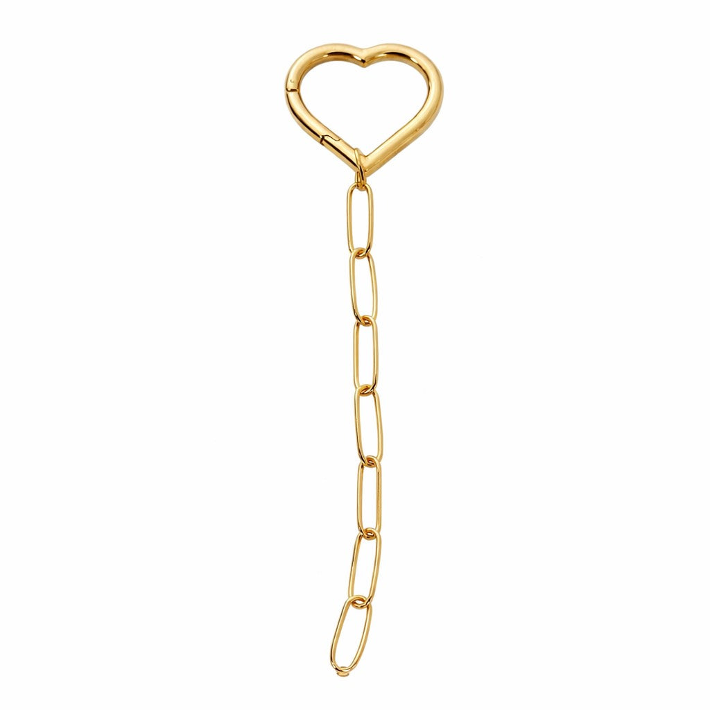 Gold paperclip keychain featuring a heart-shaped carabiner clasp and a short, dangling gold-tone link chain.