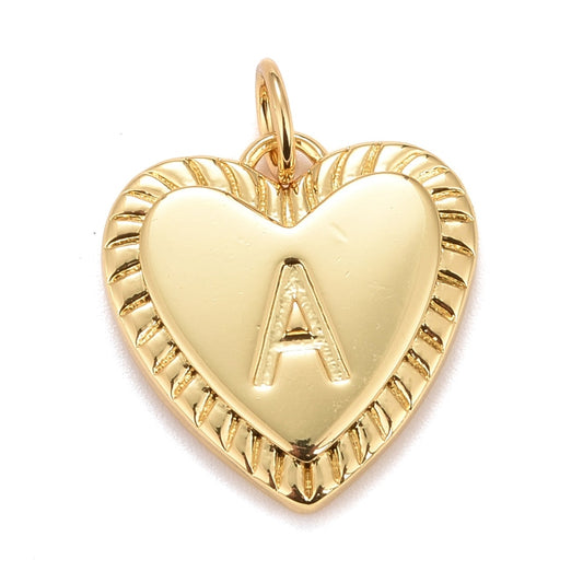 Gold-tone heart-shaped initial charm featuring an embossed letter A in the center with a textured, ribbed border.