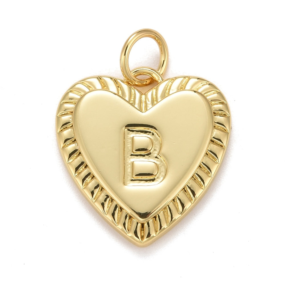 Gold-tone initial charm shaped like a heart with a textured border and a raised letter B in the center.