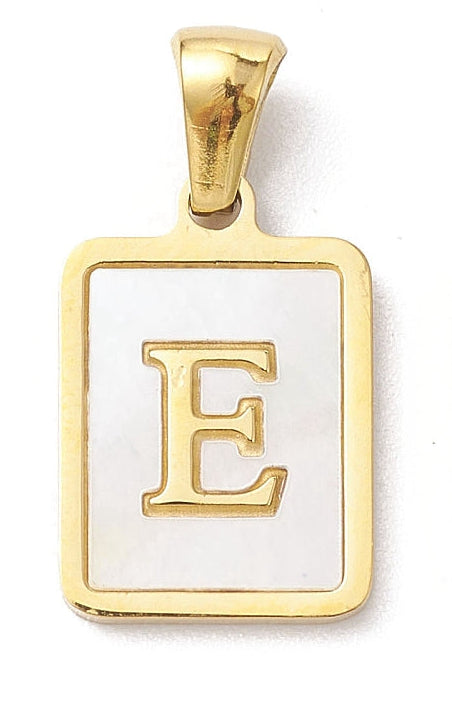 Rectangular gold-tone initial charm with a white pearlescent inlay featuring a central serif letter E.