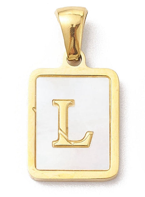 A rectangular gold-tone initial charm featuring a white pearlescent inlay and a serif letter L.