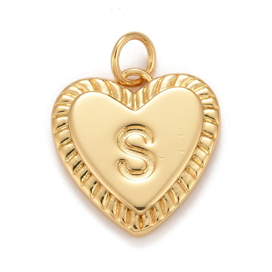 Gold-tone heart initial charm featuring an embossed letter S in the center and a textured, fluted border.
