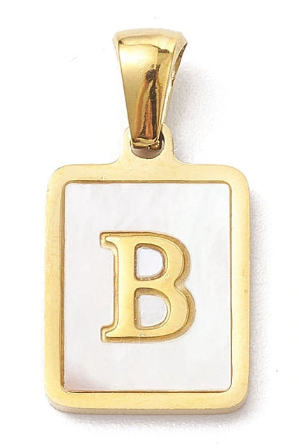Gold-tone initial charm featuring a rectangular pendant with a pearlescent white inlay and a capital letter B.