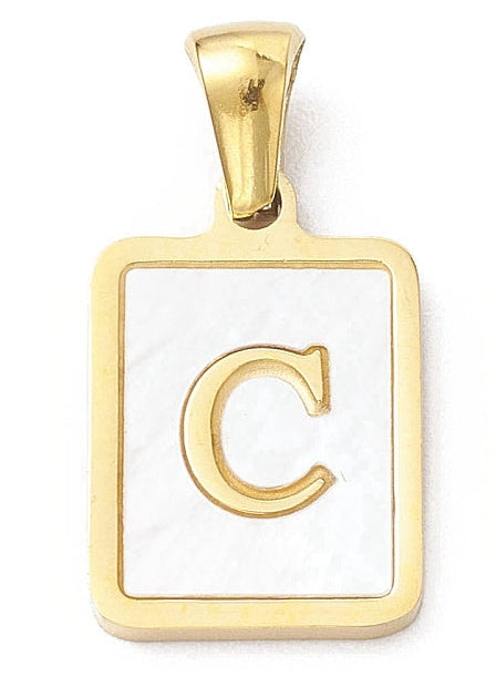 Rectangular gold-tone initial charm featuring a pearly white inlay and a central gold-tone letter C.
