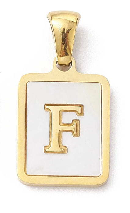Rectangular gold-tone initial charm featuring a white inlay with a serif letter F and a polished bail.
