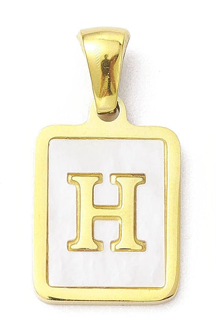 Gold-tone initial charm featuring a rectangular tag with a white pearlescent inlay and a gold-tone serif letter H.