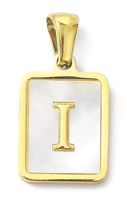 A rectangular gold-tone initial charm with a white pearlescent inlay featuring the letter I in the center.
