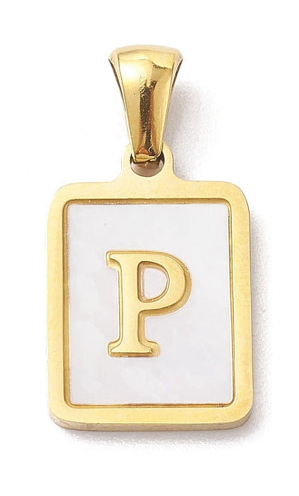 Gold-tone rectangular initial charm with a white pearlescent background and a serif letter P in the center.