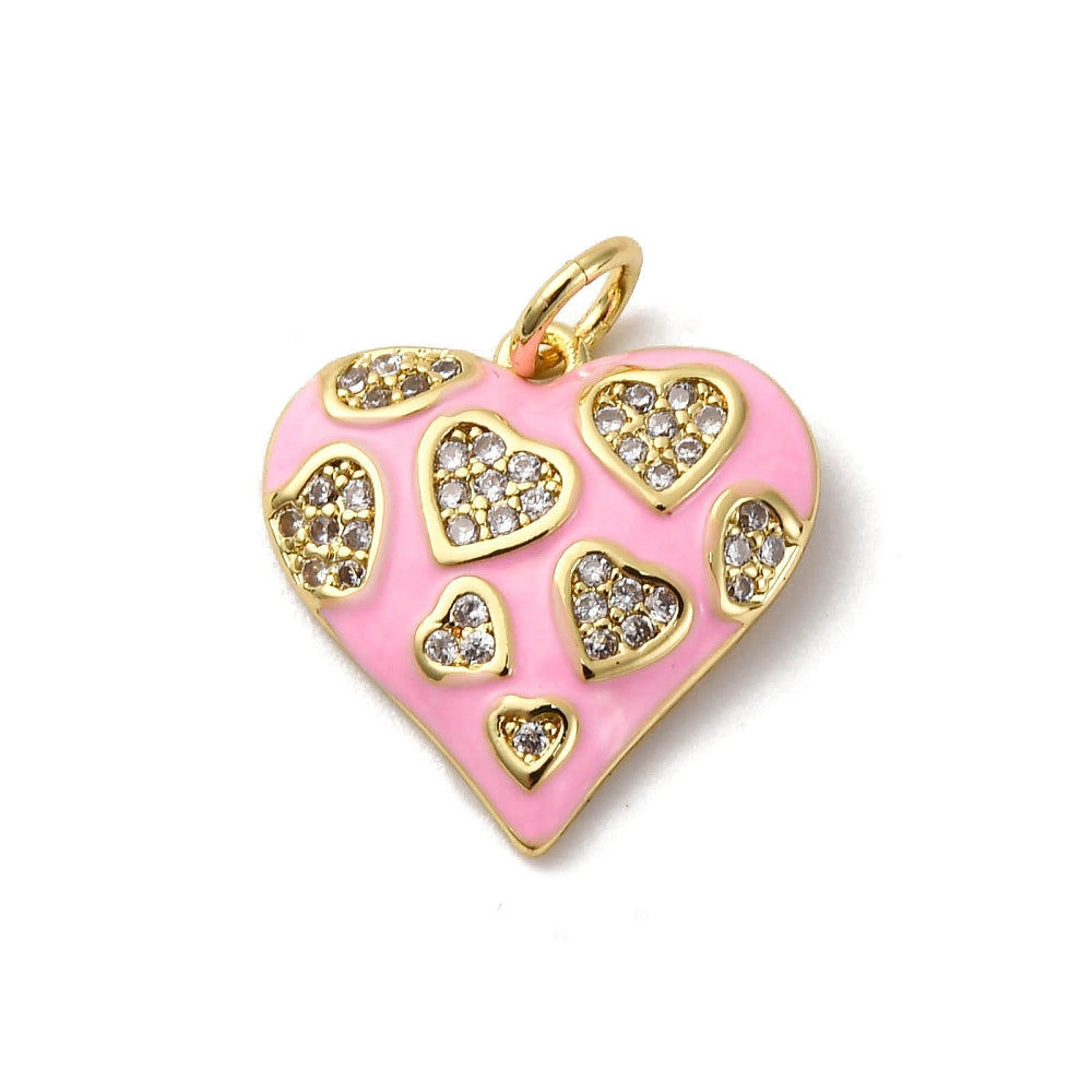 Gold-tone charm in a pink heart shape, detailed with smaller gold-bordered hearts filled with clear cubic zirconia crystals.