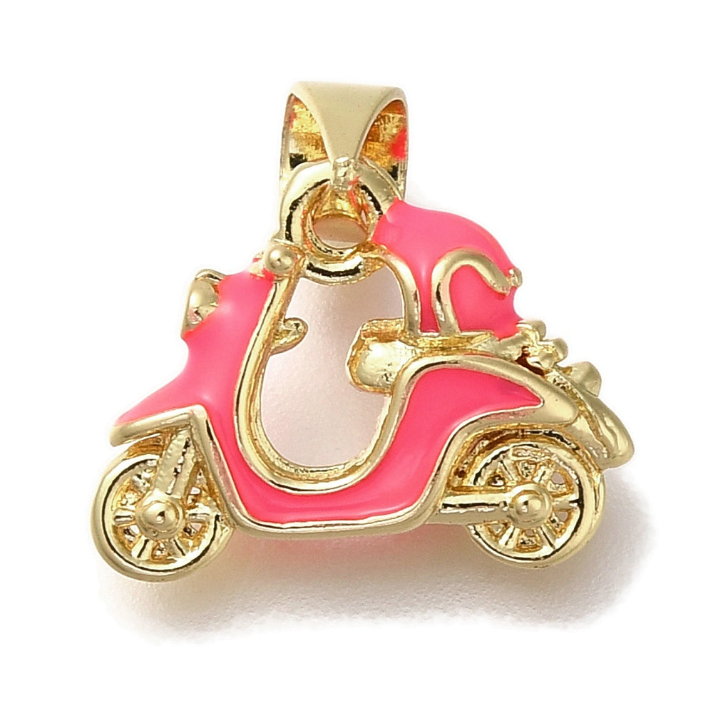 A gold-tone charm shaped like a vintage pink scooter with bright pink enamel detailing and a top bail.