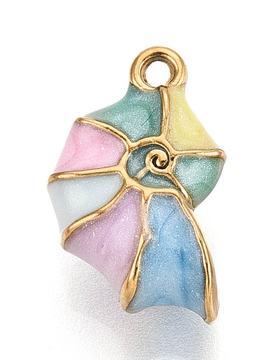 Gold-tone rainbow shell charm with a spiral nautilus design filled with pastel pink, blue, green, and yellow enamel.