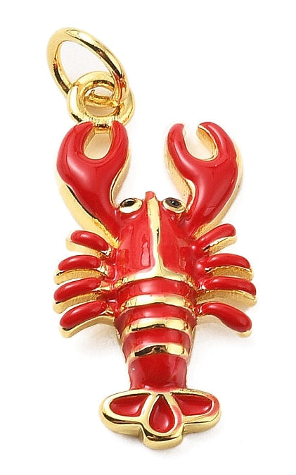Red lobster gold-tone charm featuring vibrant red enamel detailing, complete with a top jump ring for attachments.