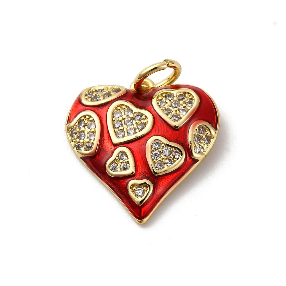 Gold-tone charm in a heart shape featuring red enamel and smaller gold hearts filled with clear crystals.