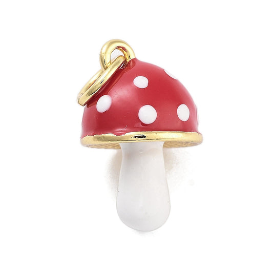 Red mushroom gold-tone charm with white spots, a white stem, and a gold-tone jump ring.