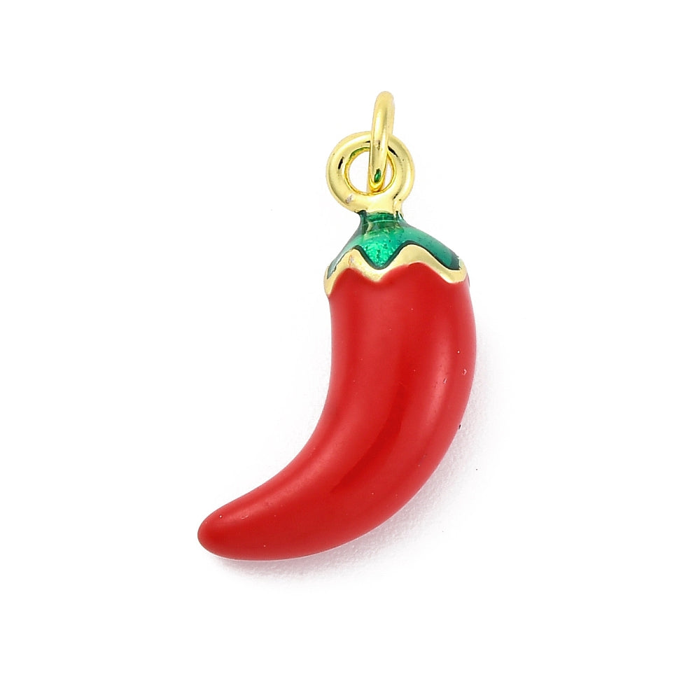 Red chili pepper gold-tone charm with bright red enamel, a green stem, and a gold-tone jump ring.