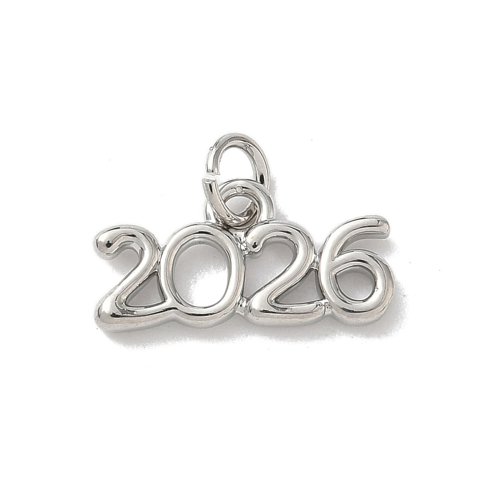 Silver 2026 charm in a polished silver-tone metal with a rounded font and jump rings at the top.