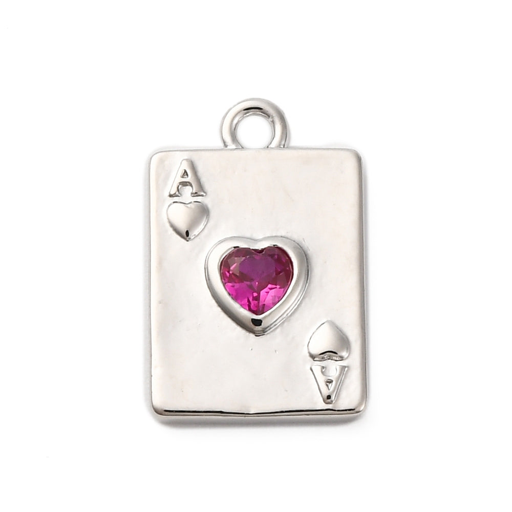 Silver Ace Card charm featuring a rectangular silver-tone playing card design with a pink heart-shaped stone in the center.
