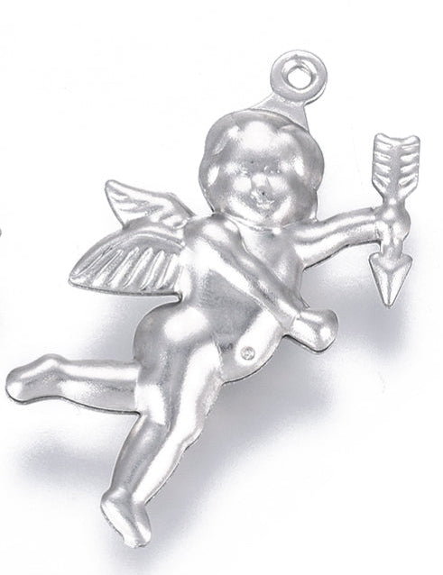 Silver angel charm shaped like a flying cupid holding an arrow, crafted in silver-tone metal with a top loop.