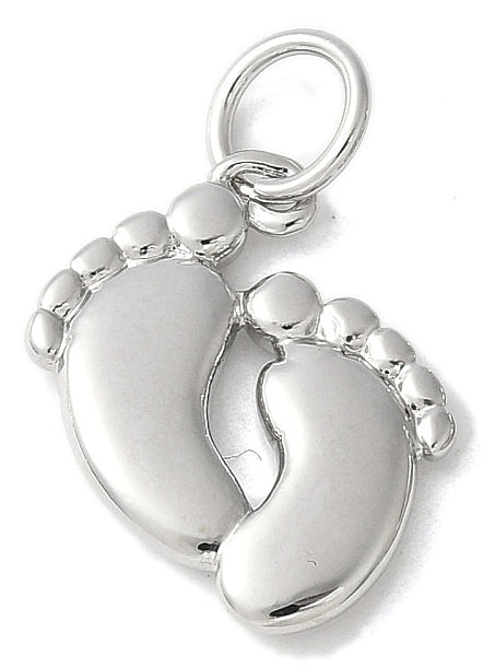 Polished silver baby feet charm with a top jump ring, designed for a custom charm bracelet or necklace.